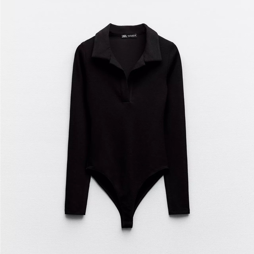 Zara Black Long Sleeve Polo-Collared Bodysuit